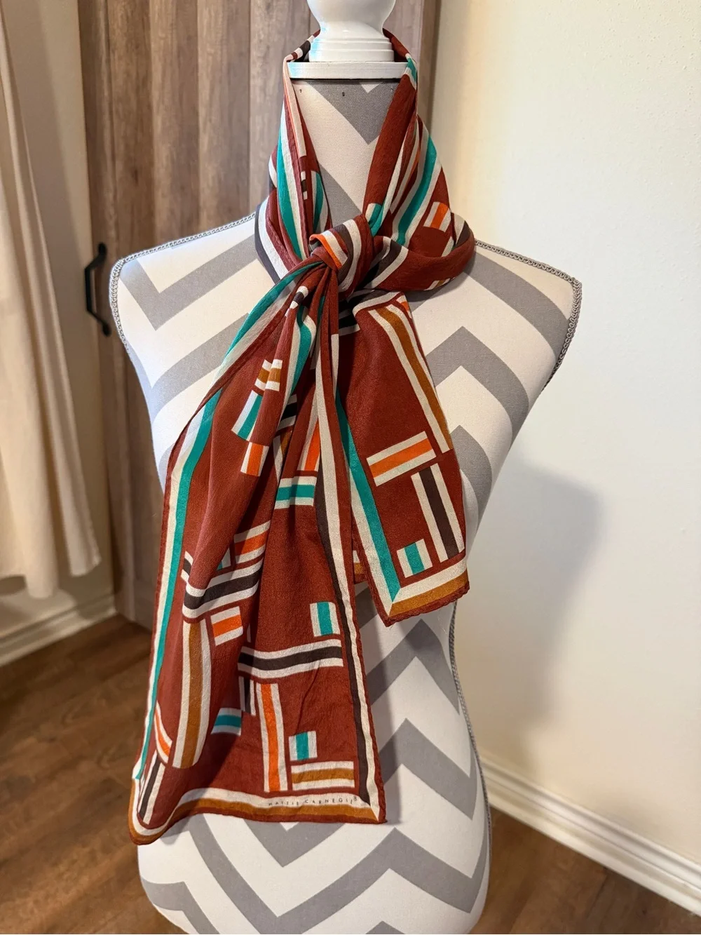 Vintage Hattie Carnegie Silk Scarf Mod Geometric Rust Orange MCM Fall color